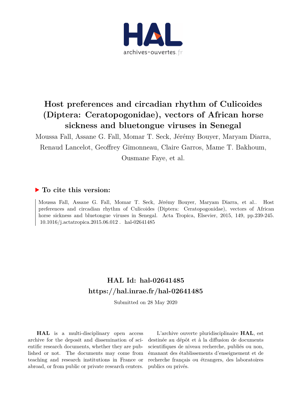 Diptera: Ceratopogonidae), Vectors of African Horse Sickness and Bluetongue Viruses in Senegal Moussa Fall, Assane G
