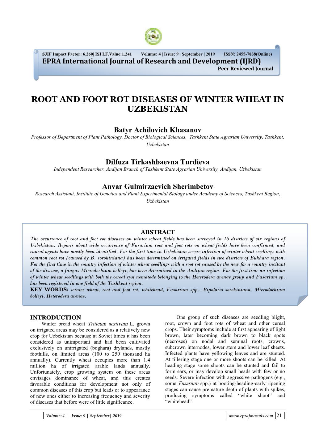 Root and Foot Rot Diseases of Winter Wheat in Uzbekistan