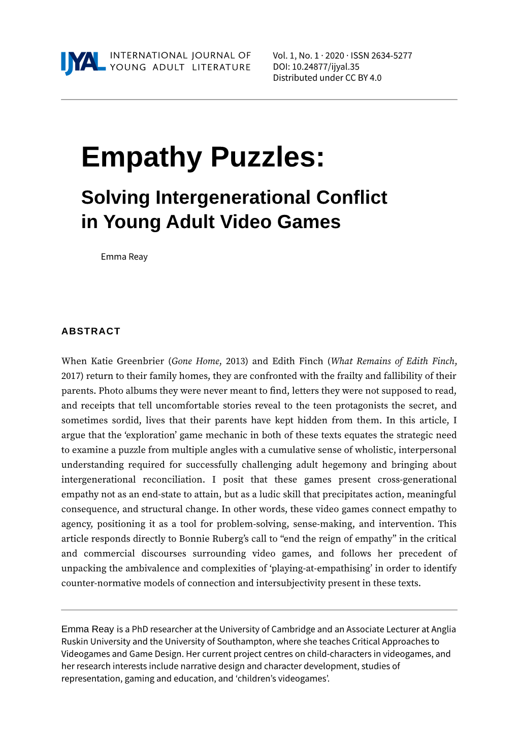 Empathy Puzzles: Solving Intergenerational Conflict in Young Adult Video Games