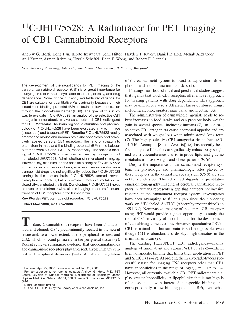 A Radiotracer for PET Imaging of CB1 Cannabinoid Receptors