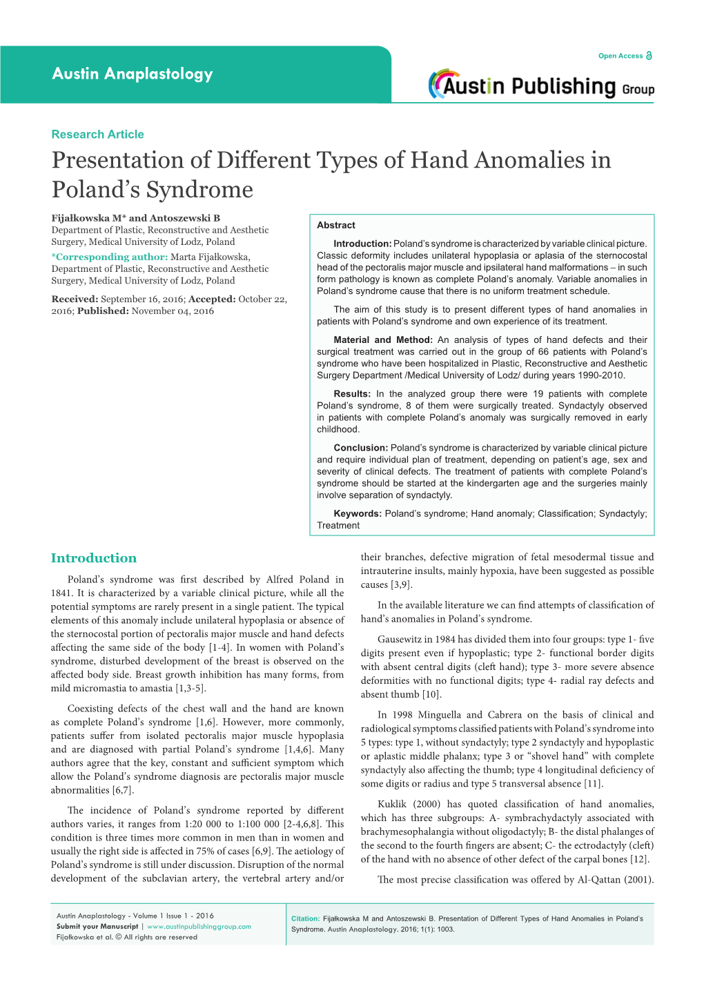 Presentation of Different Types of Hand Anomalies in Poland's Syndrome