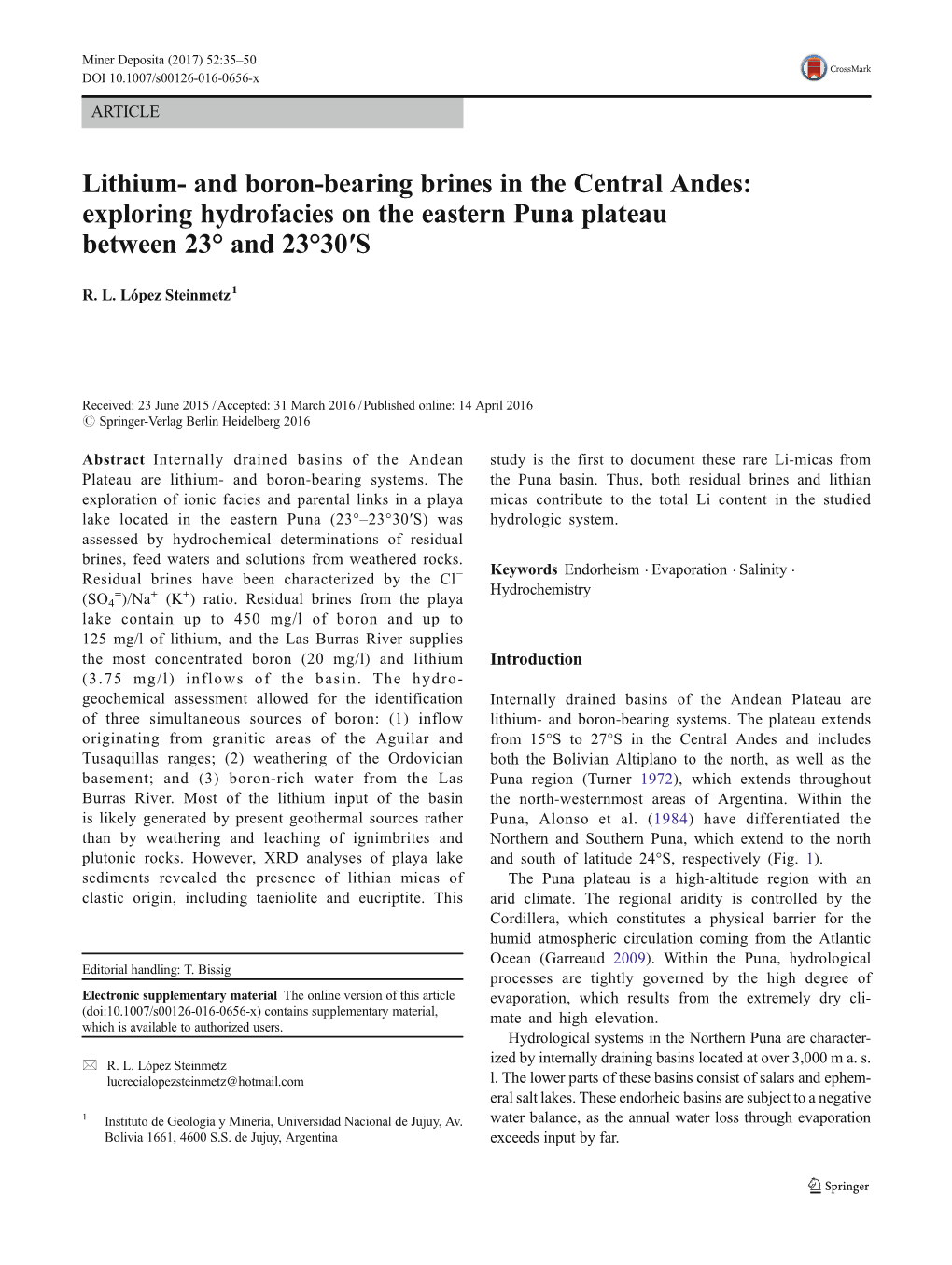 Lithium- and Boron-Bearing Brines in the Central Andes: Exploring Hydrofacies on the Eastern Puna Plateau Between 23° and 23°30′S