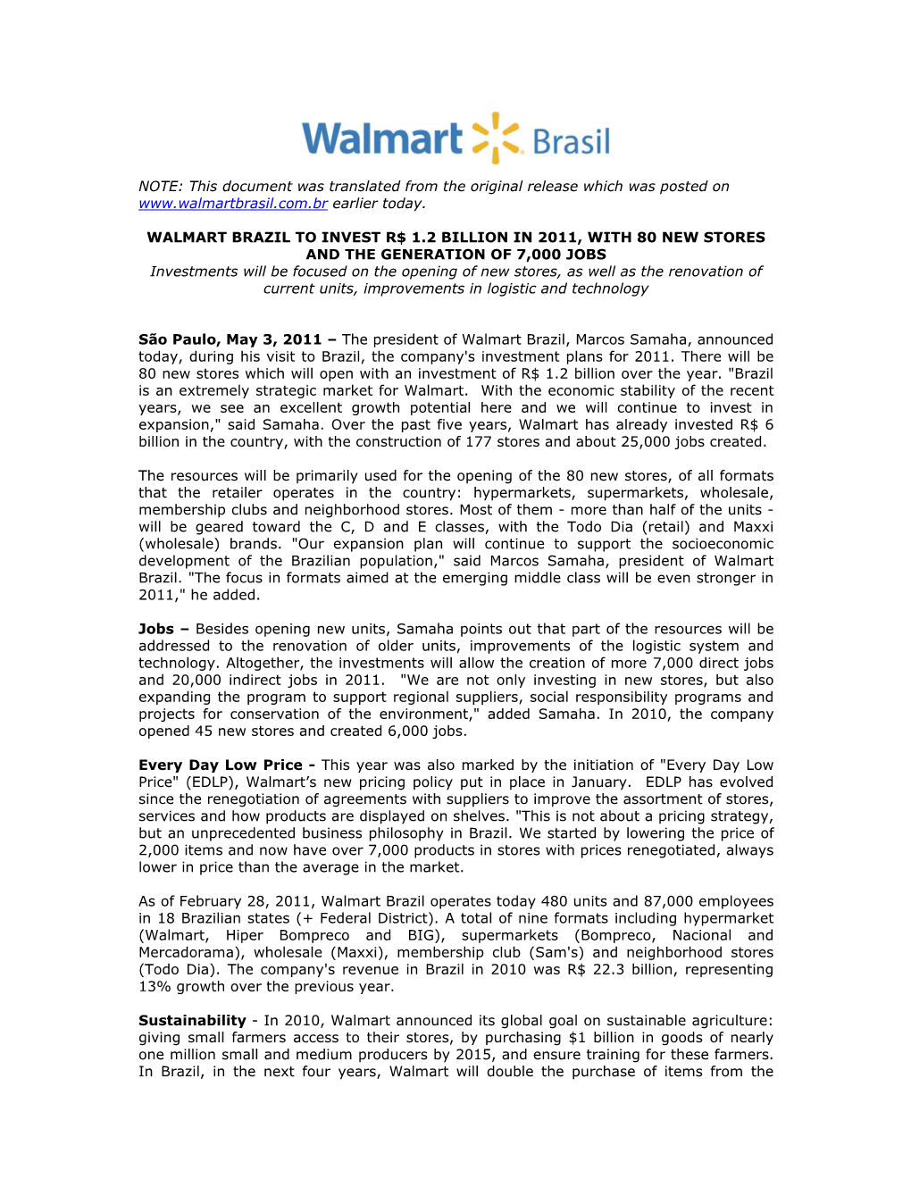 Walmart Brazil to Invest R$ 1.2 Billion in 2011, with 80 New Stores