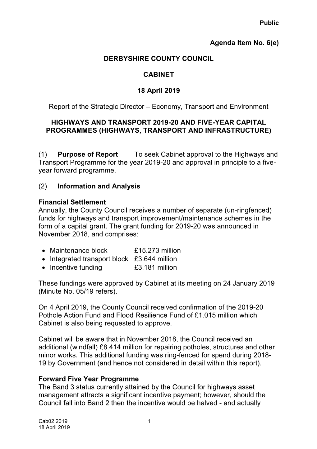 Highways and Transport 2019 to 2020 and 5 Year Capital Programmes