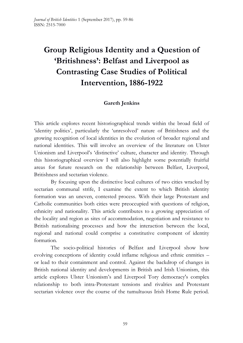 Group Religious Identity and a Question of 'Britishness': Belfast