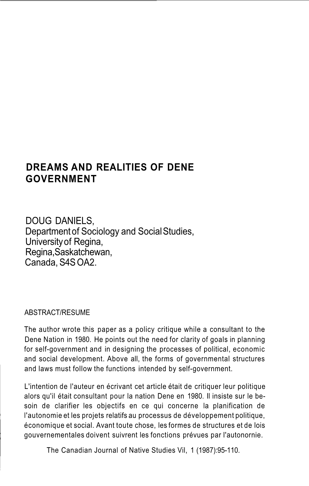 Dreams and Realities of Dene Government