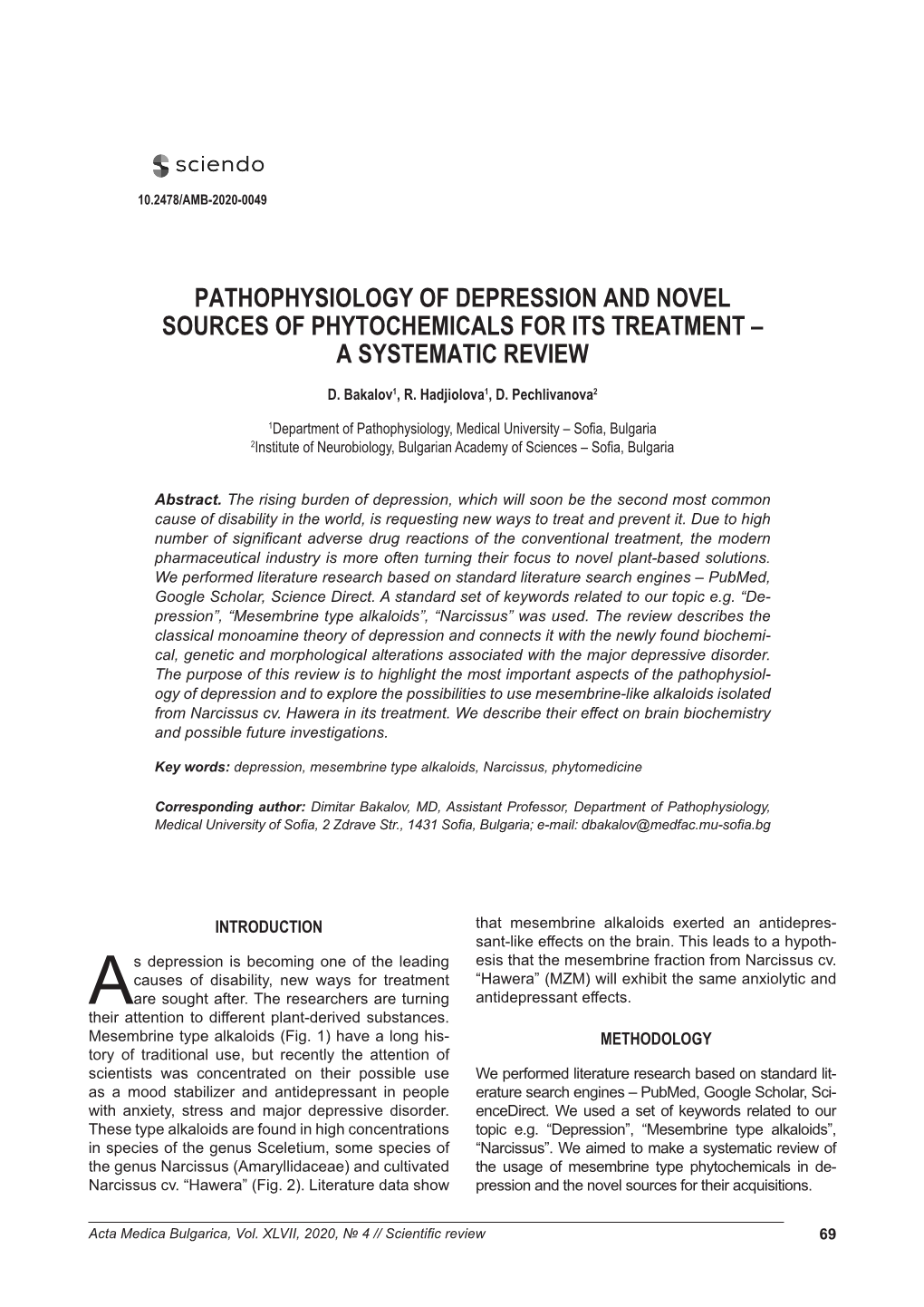 Pathophysiology of Depression and Novel Sources of Phytochemicals for Its Treatment – a Systematic Review