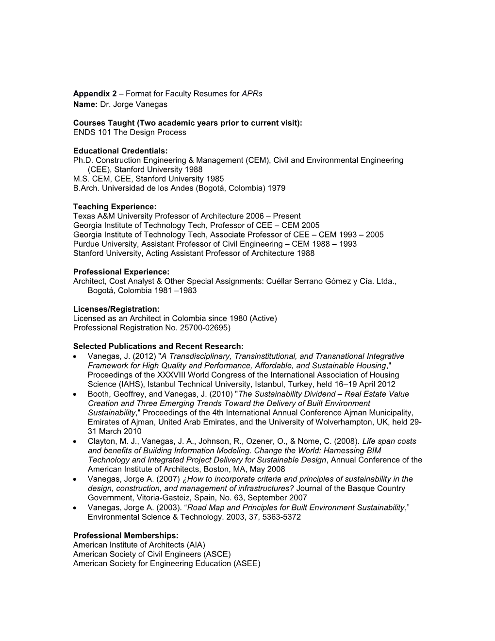 Appendix 2 Format for Faculty Resumes for Aprs