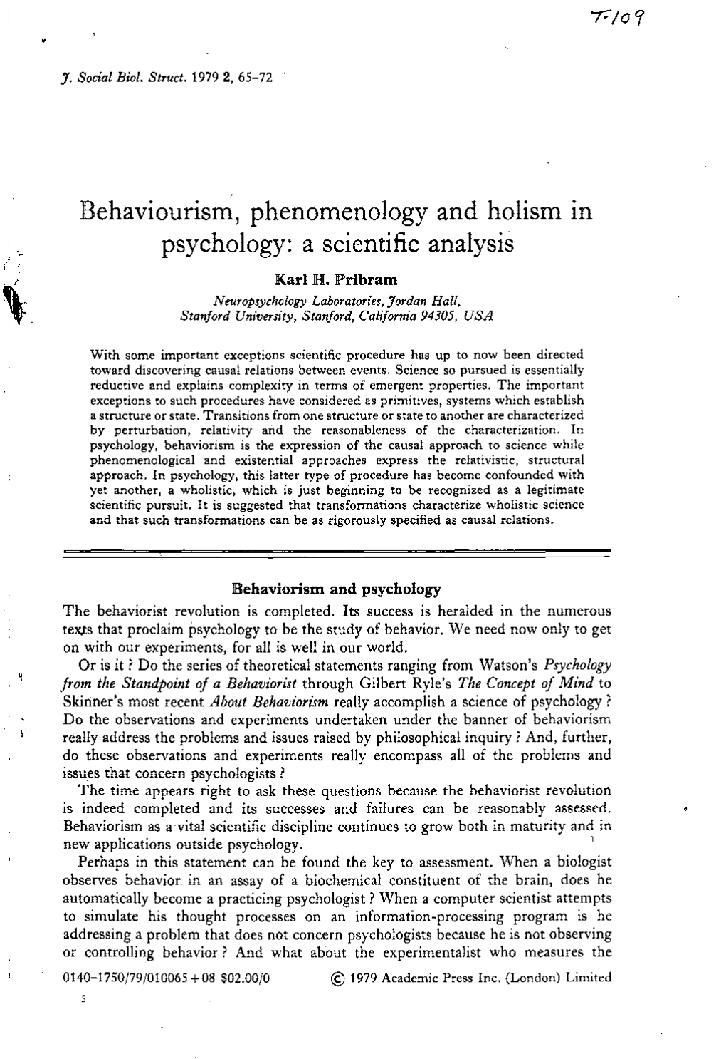 Behaviourism, Phenomenology and Holism in Psychology: a Scientific Analysis Karllhi