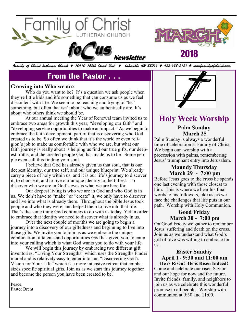 From the Pastor . . . Holy Week Worship