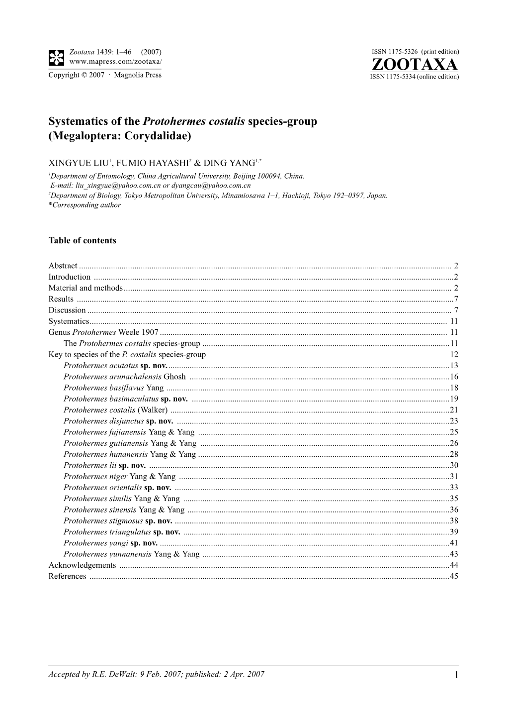 Zootaxa, Systematics of the Protohermes Costalis Species-Group