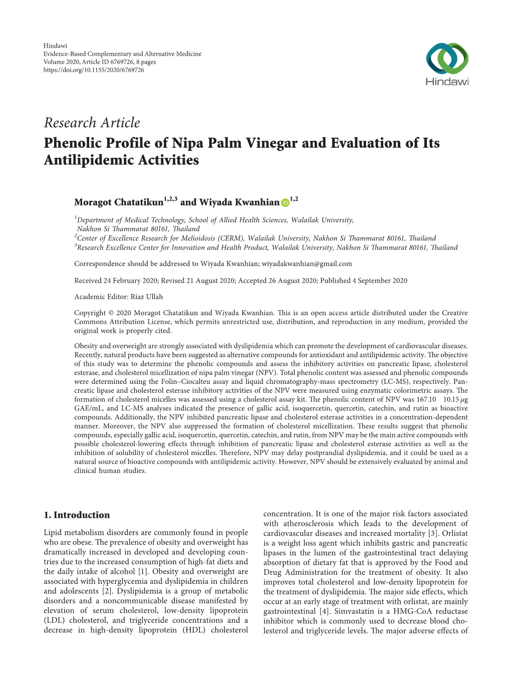 Phenolic Profile of Nipa Palm Vinegar and Evaluation of Its Antilipidemic Activities