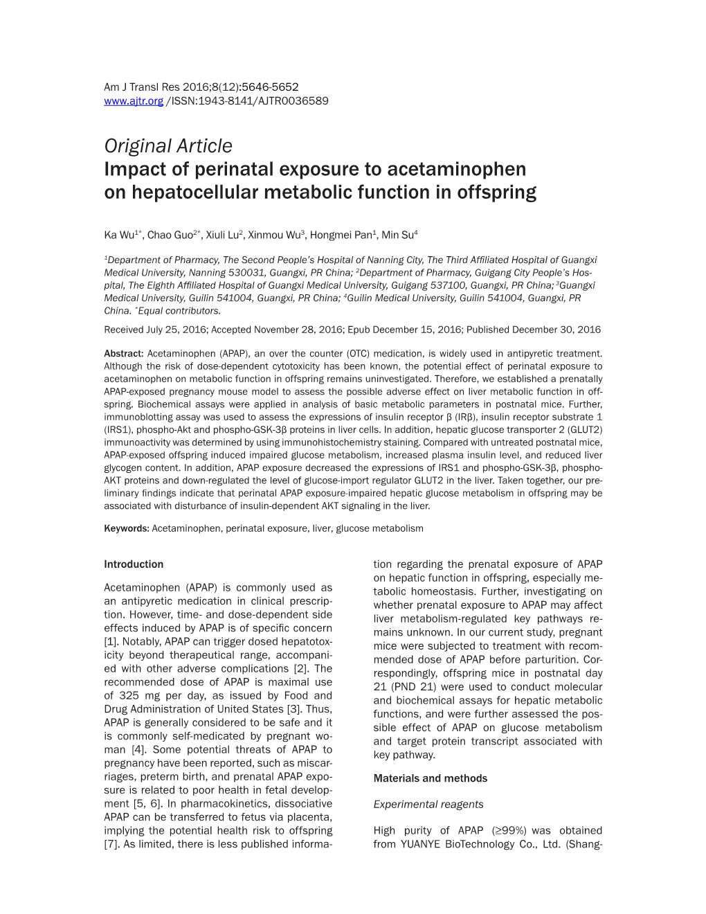 Original Article Impact of Perinatal Exposure to Acetaminophen on Hepatocellular Metabolic Function in Offspring