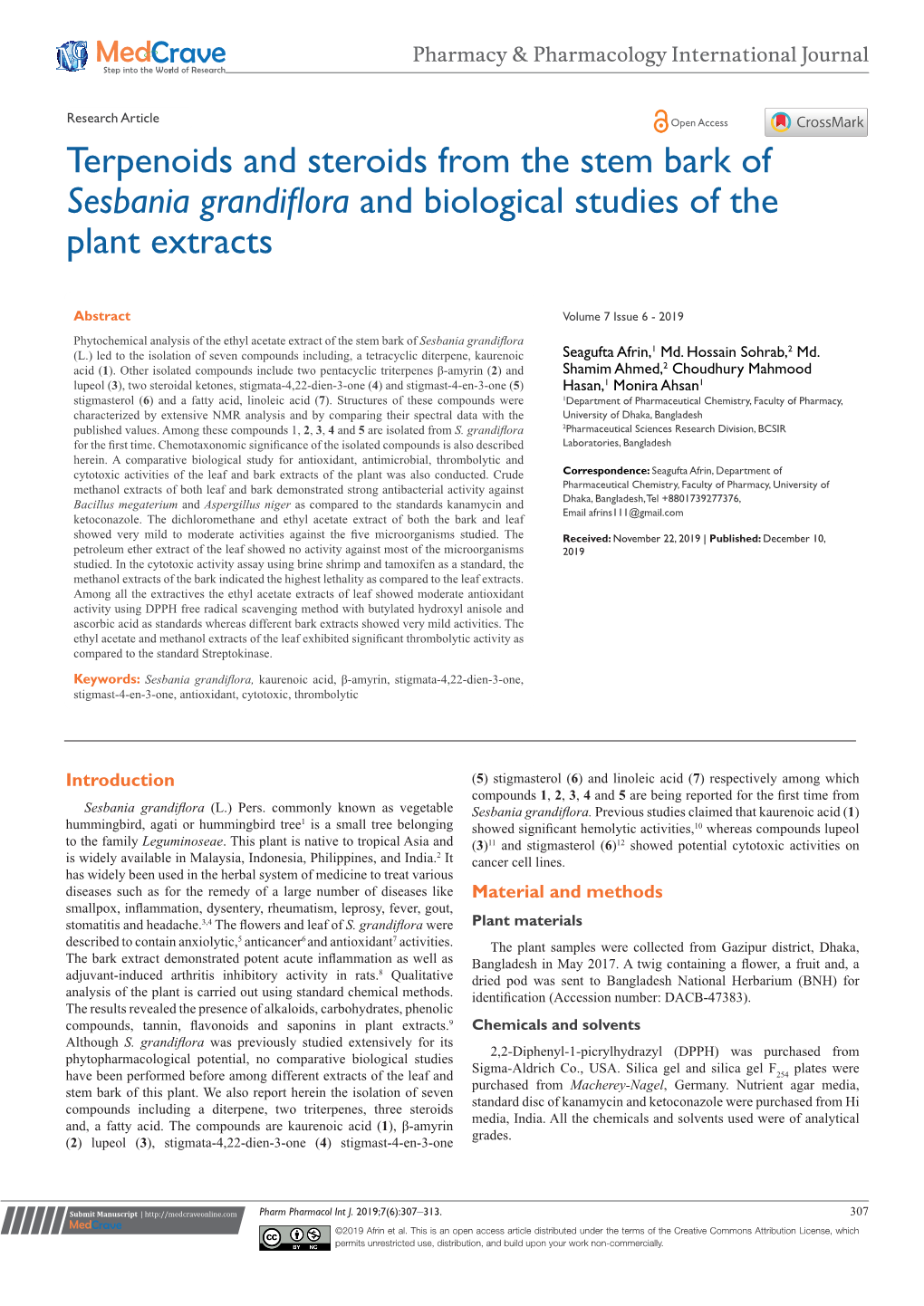 Sesbania Grandiflora and Biological Studies of the Plant Extracts
