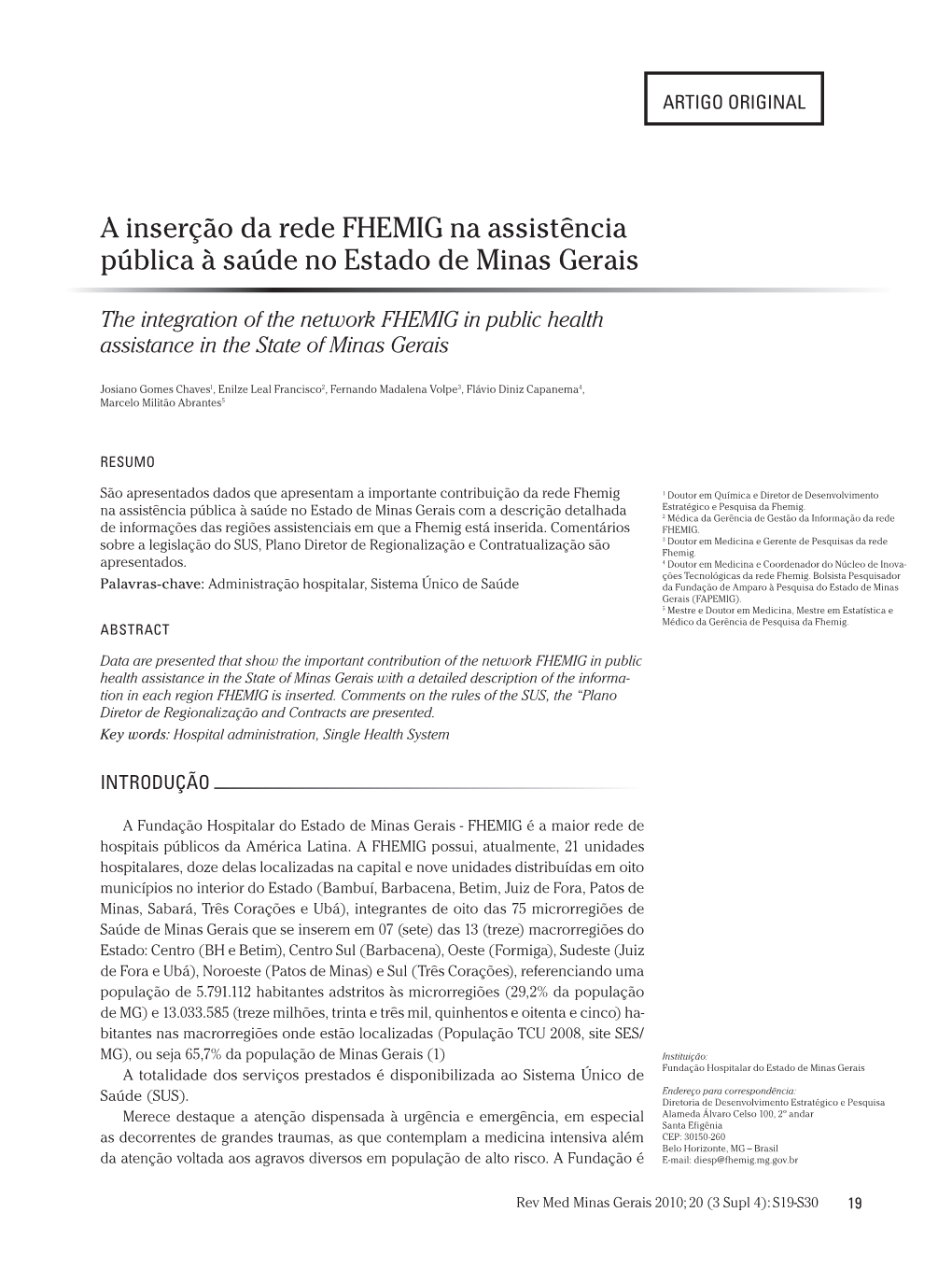 A Inserção Da Rede FHEMIG Na Assistência Pública À Saúde No Estado De Minas Gerais