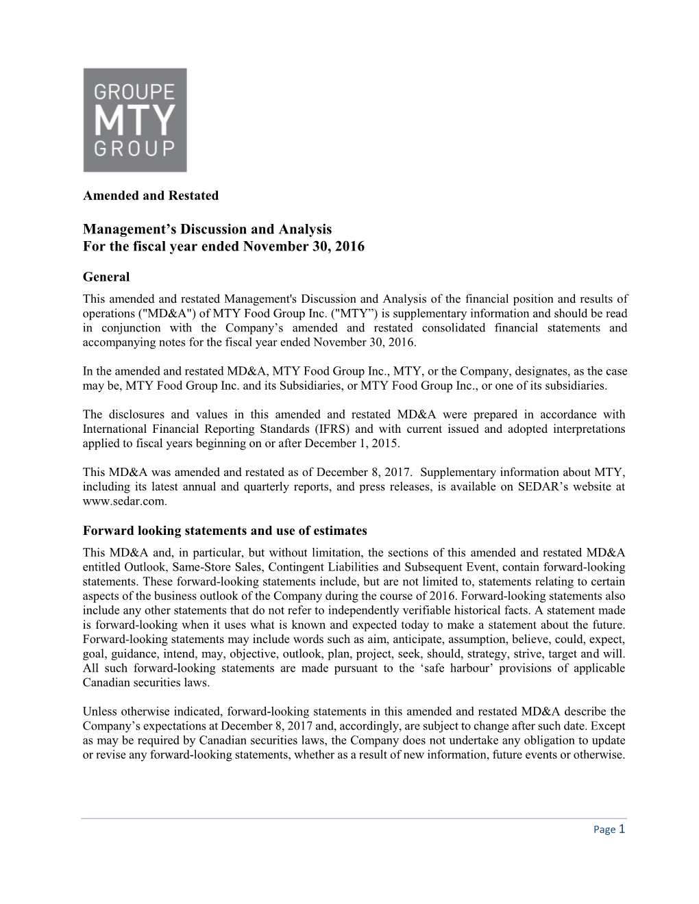 Management's Discussion and Analysis FY Nov 30, 2016