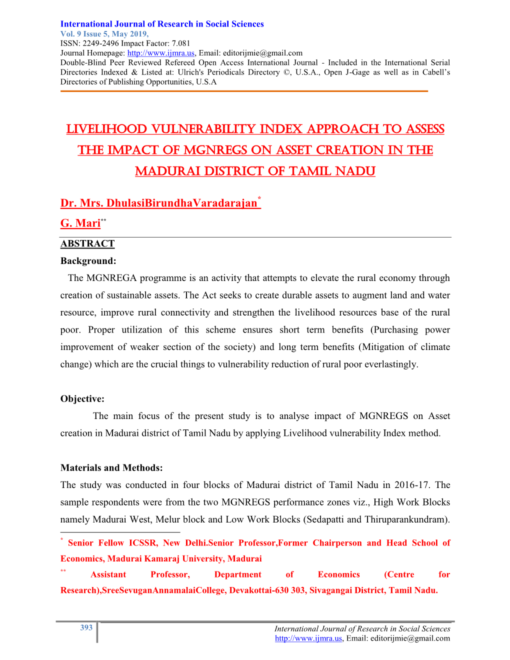 Livelihood Vulnerability Index Approach to Assess the Impact of Mgnregs on Asset Creation in the Madurai District of Tamil Nadu