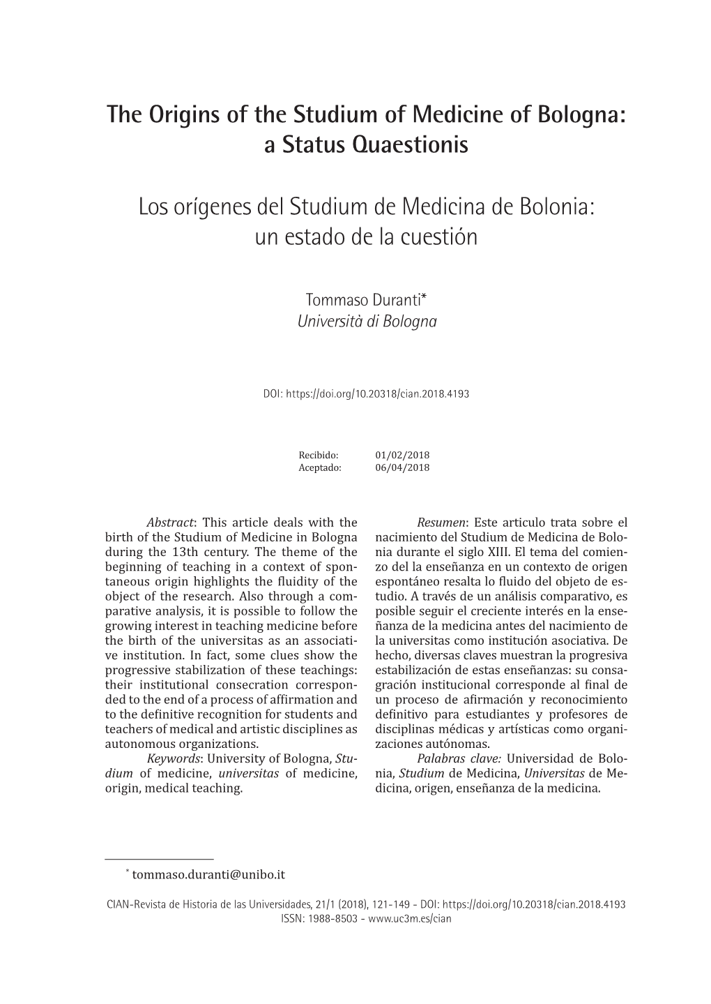 The Origins of the Studium of Medicine of Bologna: a Status Quaestionis