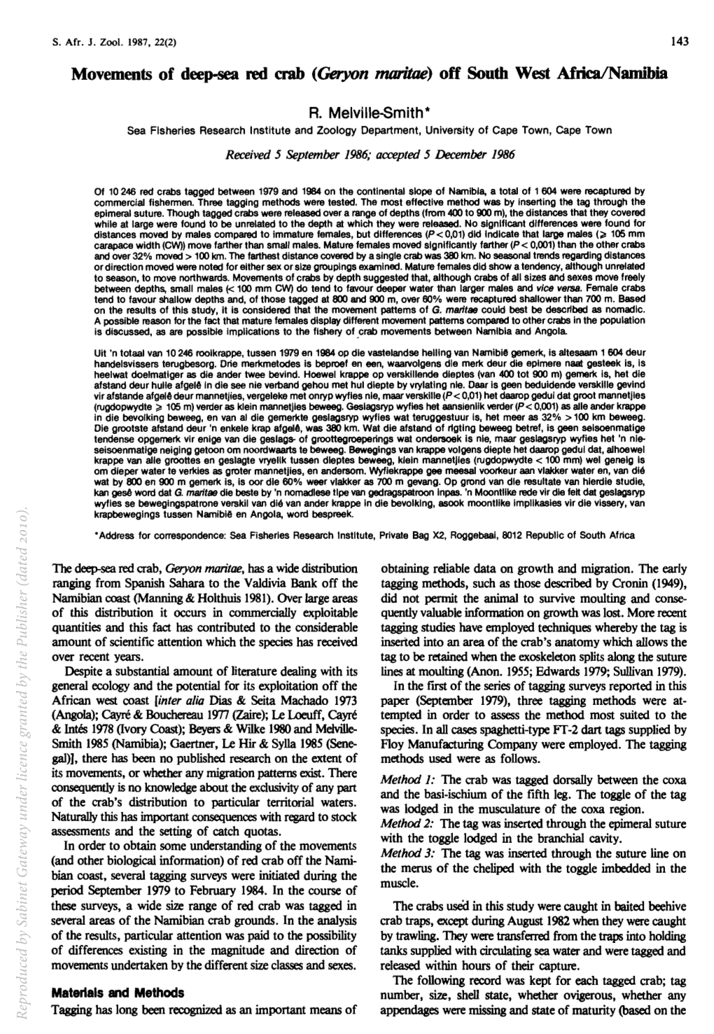 Movements of Deep-Sea Red Crab (Geryon Maritae) Off South West Africalnamibia