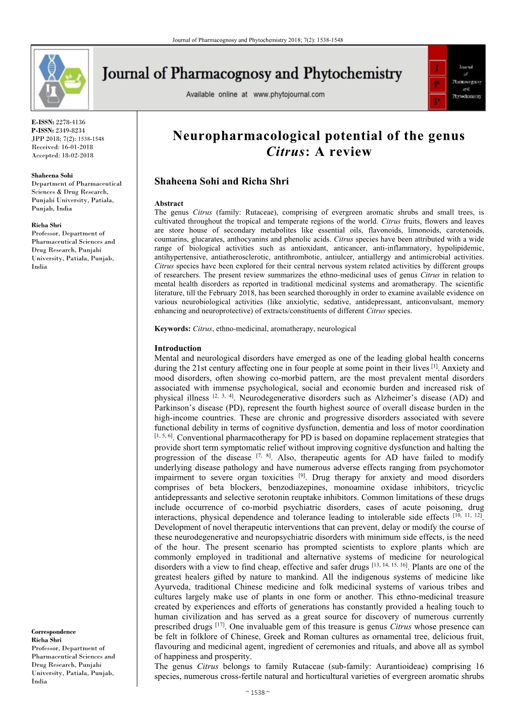 Neuropharmacological Potential of the Genus Citrus: a Review