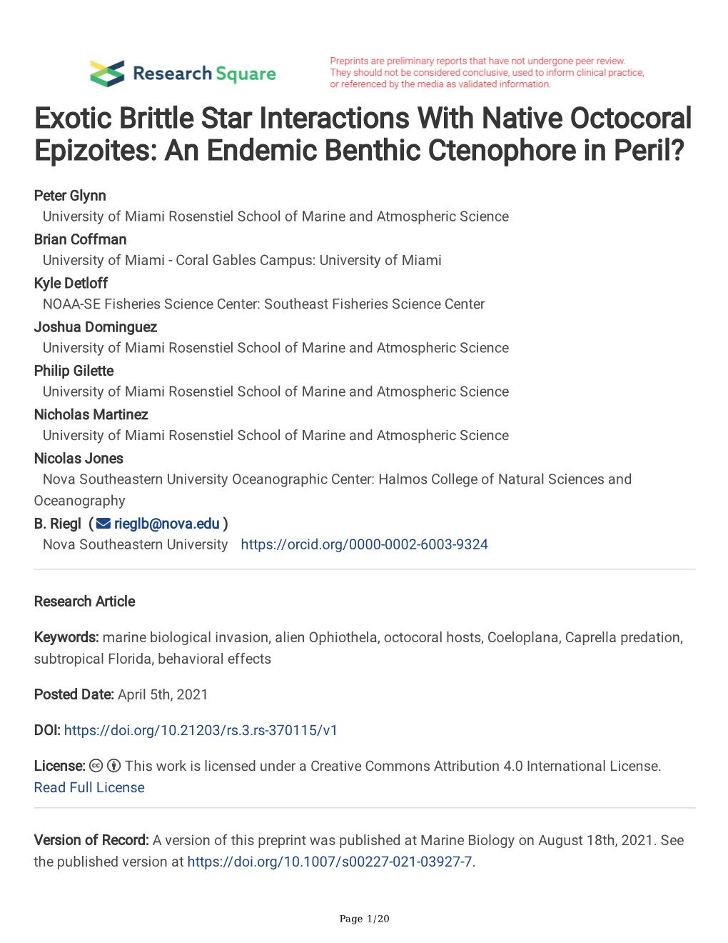 Exotic Brittle Star Interactions with Native Octocoral Epizoites: an Endemic Benthic Ctenophore in Peril?