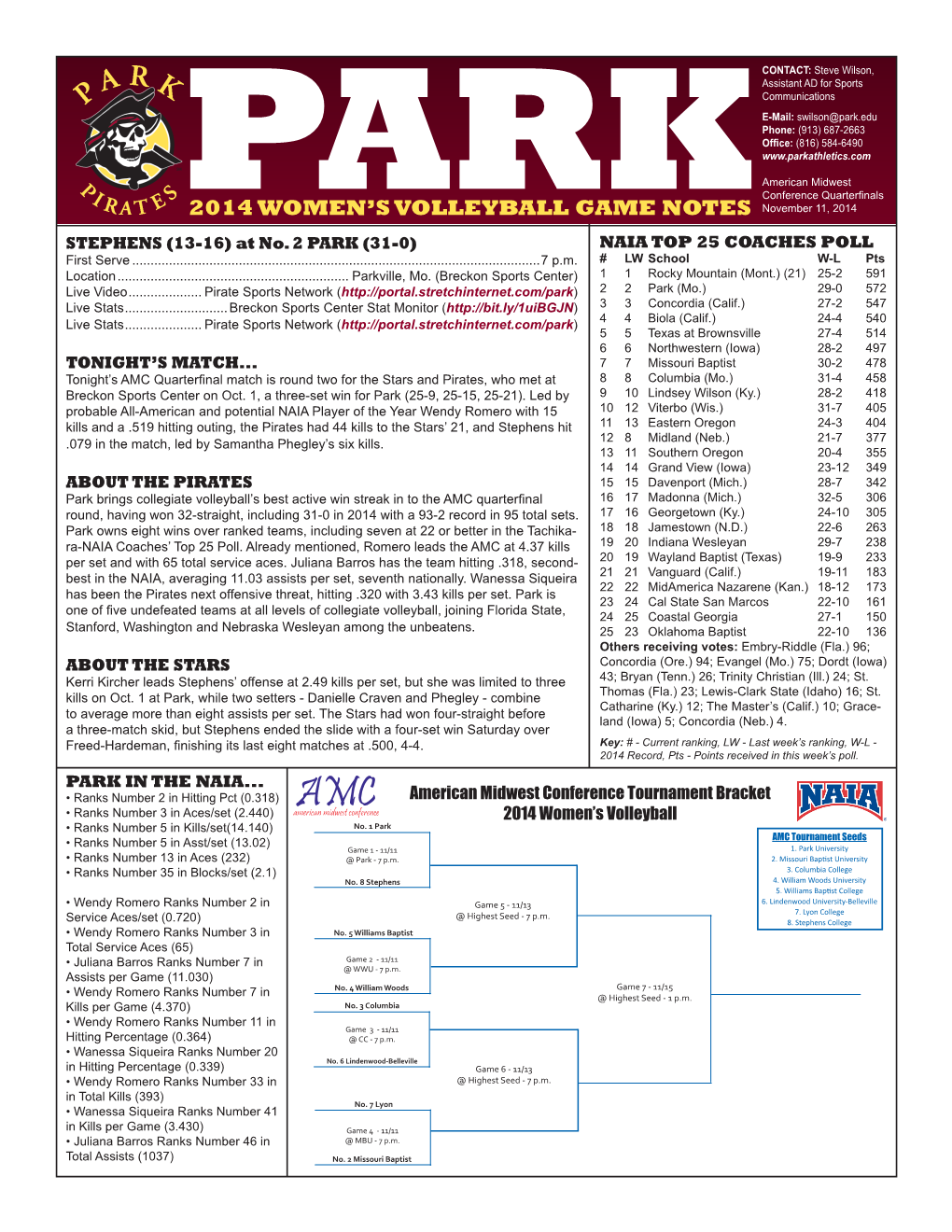 2014 Women's Volleyball Game Notes