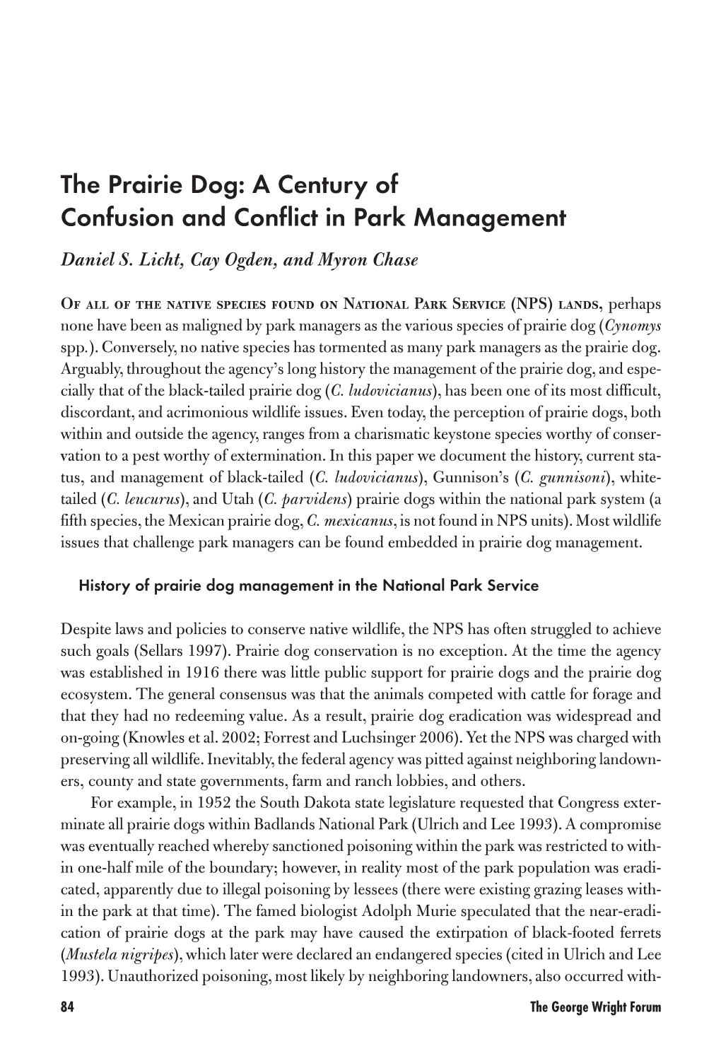 The Prairie Dog: a Century of Confusion and Conflict in Park Management