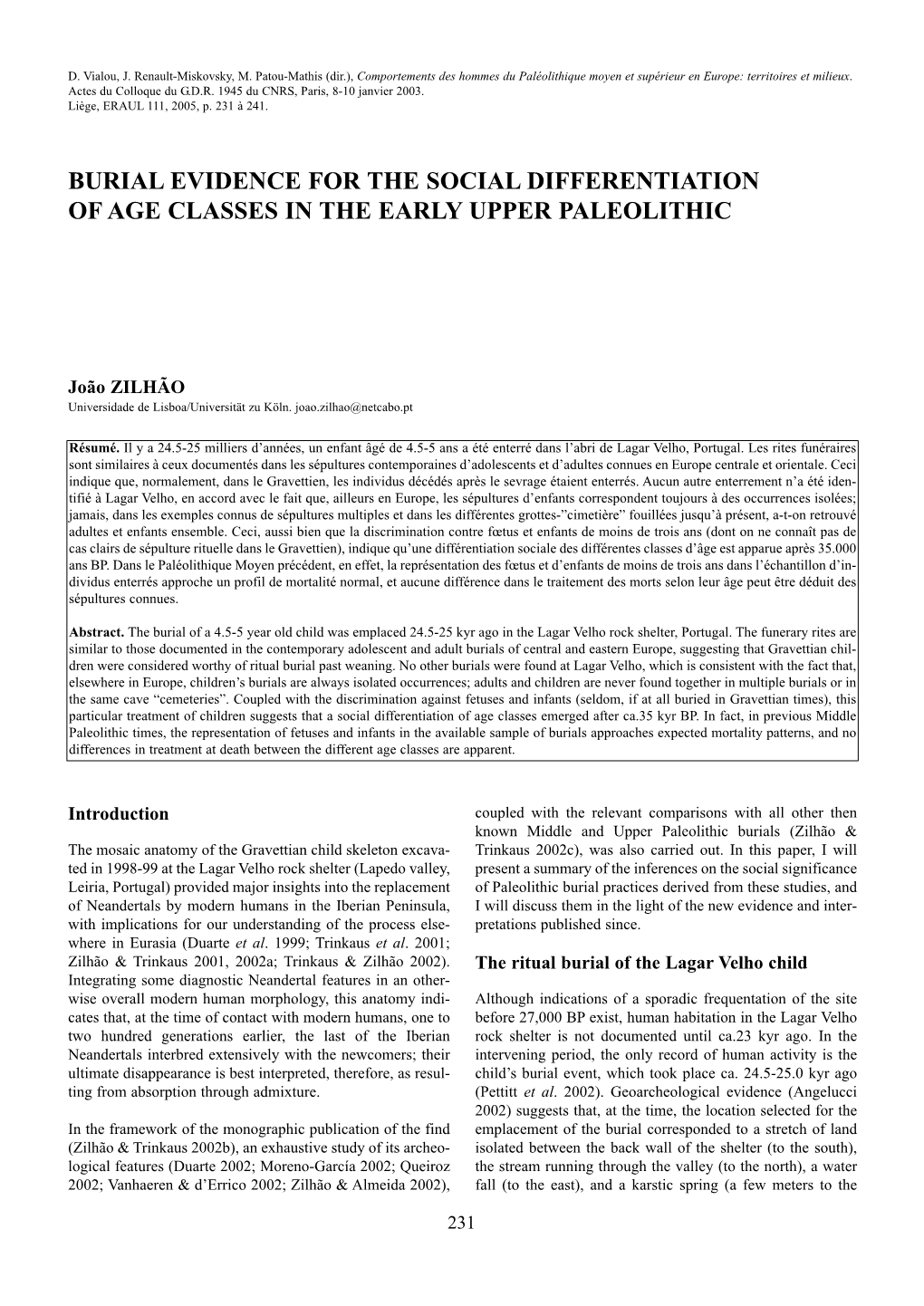 Burial Evidence for the Social Differentiation of Age Classes in the Early Upper Paleolithic