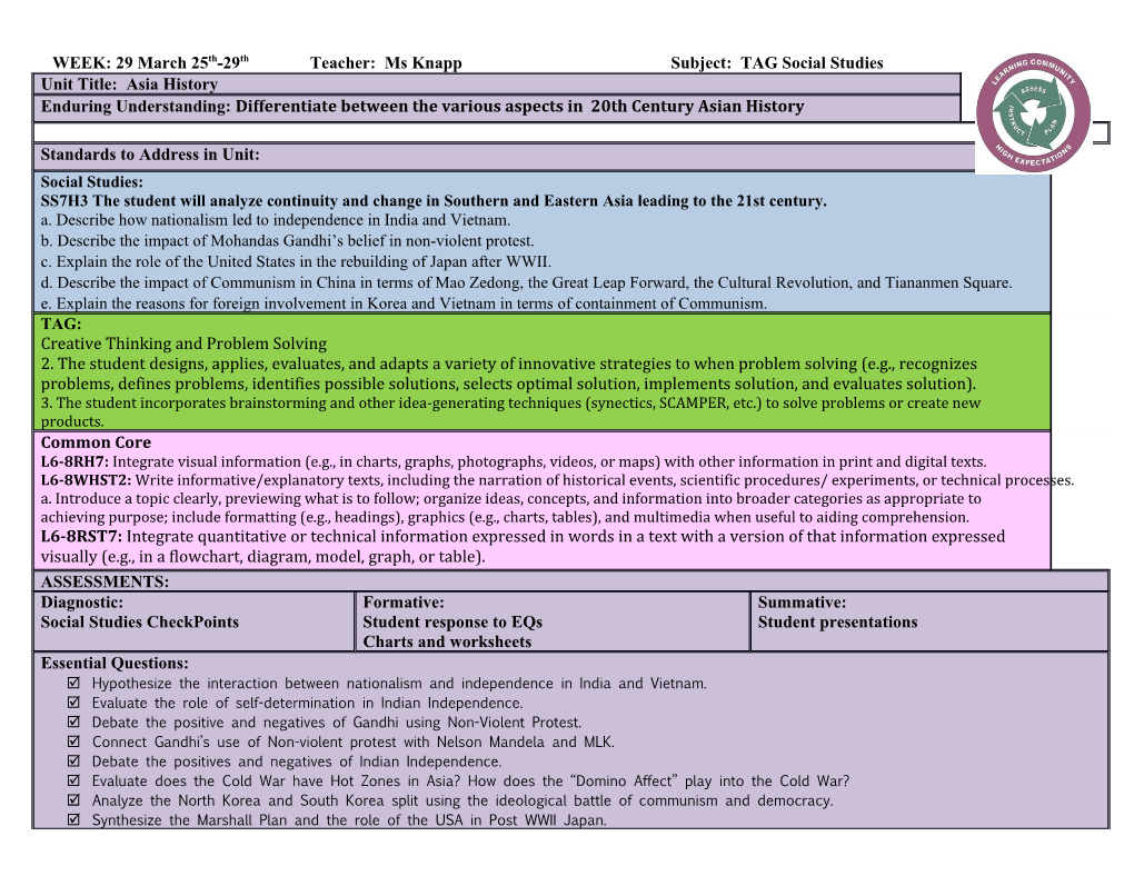 WEEK: 29 March 25Th-29Th Teacher: Ms Knapp Subject: TAG Social Studies