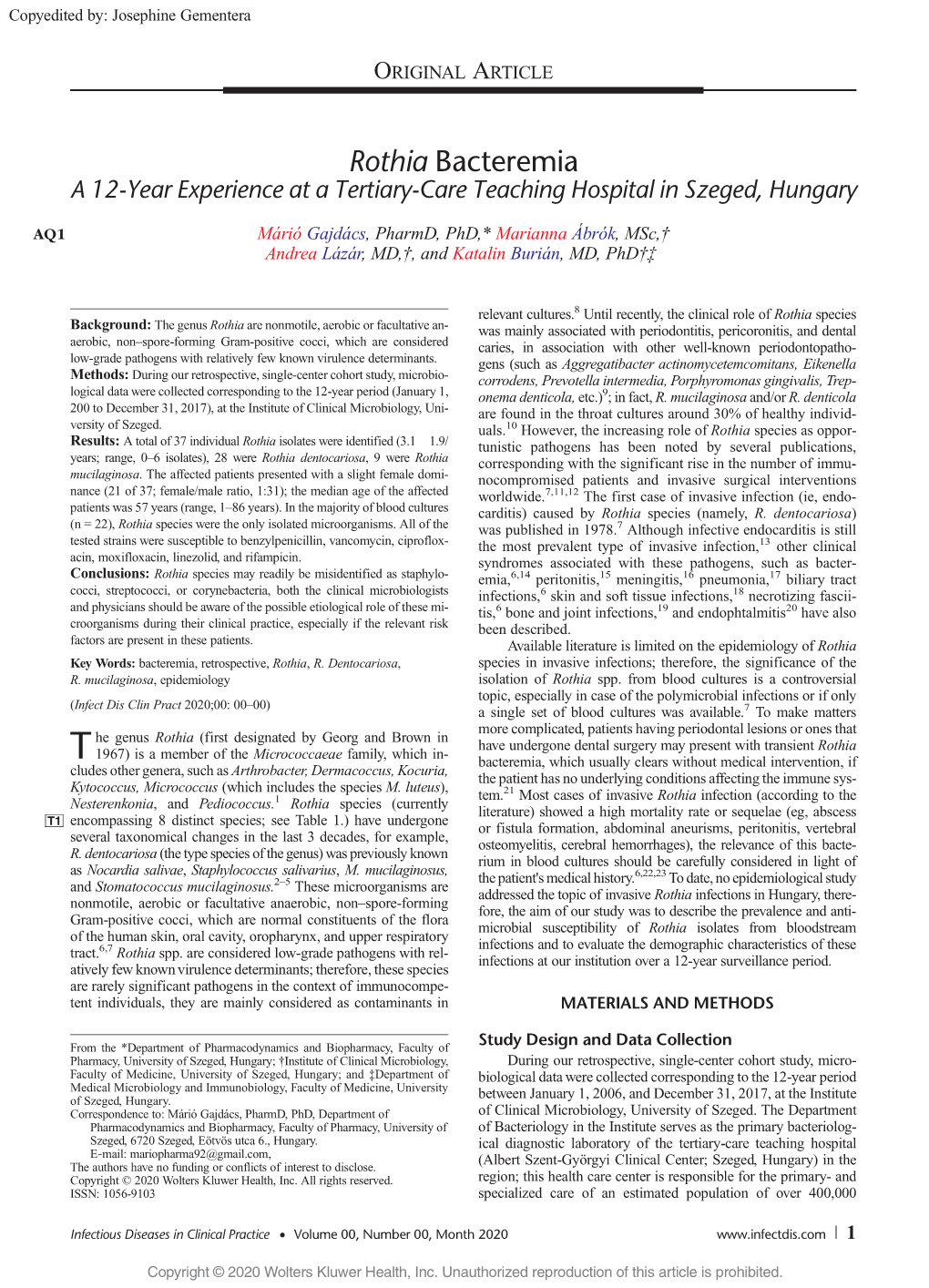 Rothia Bacteremia a 12-Year Experience at a Tertiary-Care Teaching Hospital in Szeged, Hungary