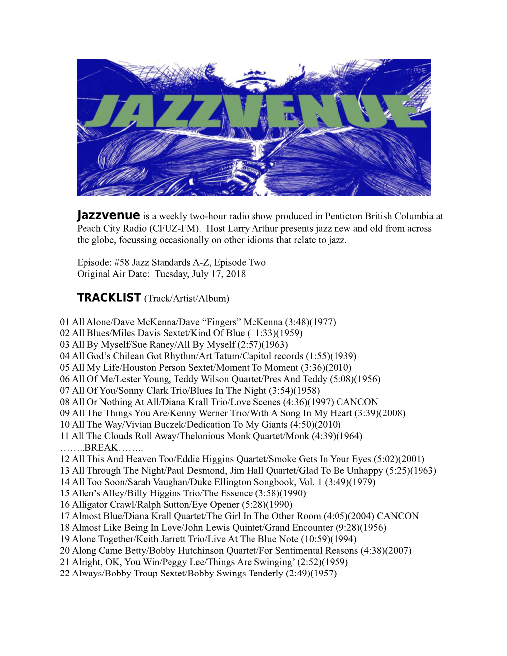 JAZZVENUE.58.2018.07.17 Jazz Standards A-Z, Episode Two Playlist