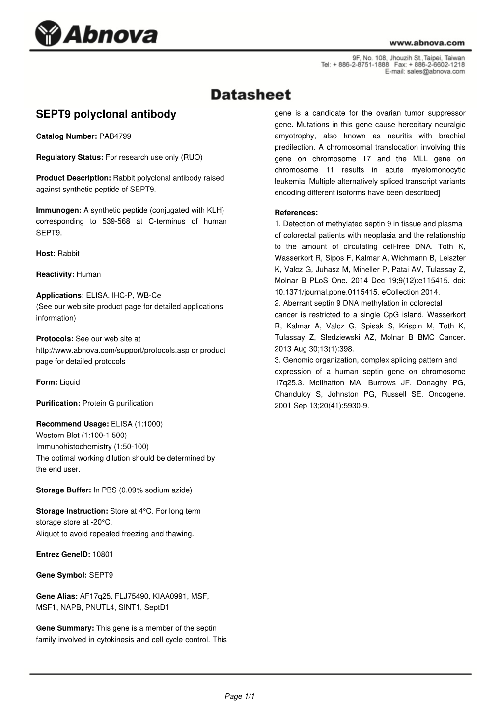 SEPT9 Polyclonal Antibody Gene Is a Candidate for the Ovarian Tumor Suppressor Gene