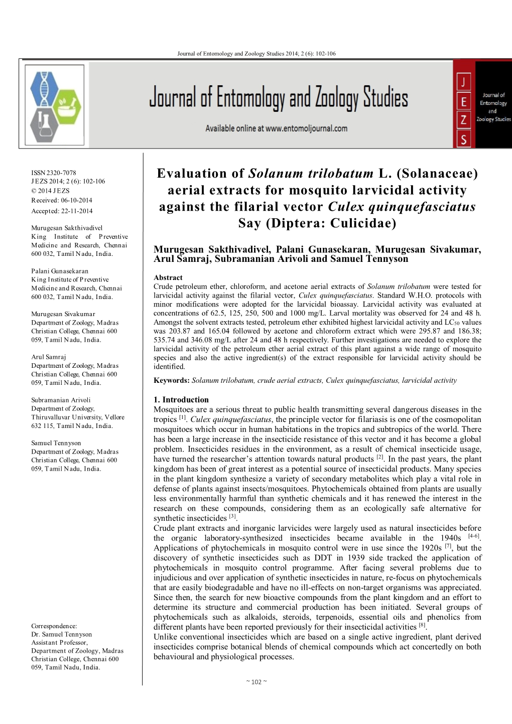 Evaluation of Solanum Trilobatum L. (Solanaceae) Aerial Extracts for Mosquito Larvicidal Activity Against the Filarial Vector C