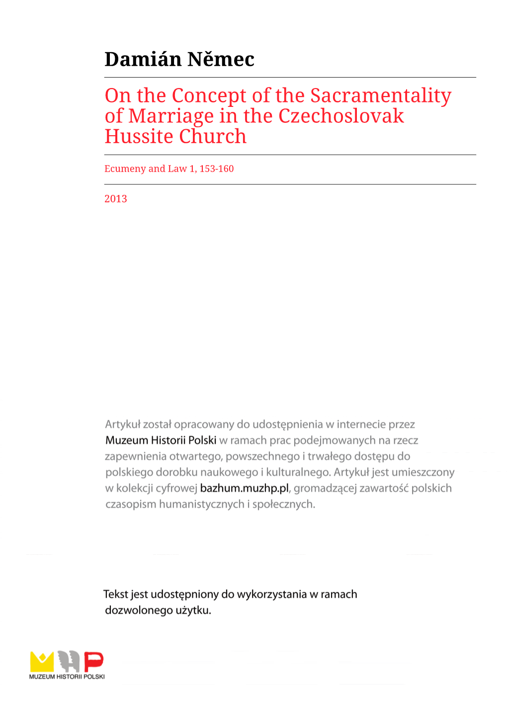 Damián Němec on the Concept of the Sacramentality of Marriage in the Czechoslovak Hussite Church