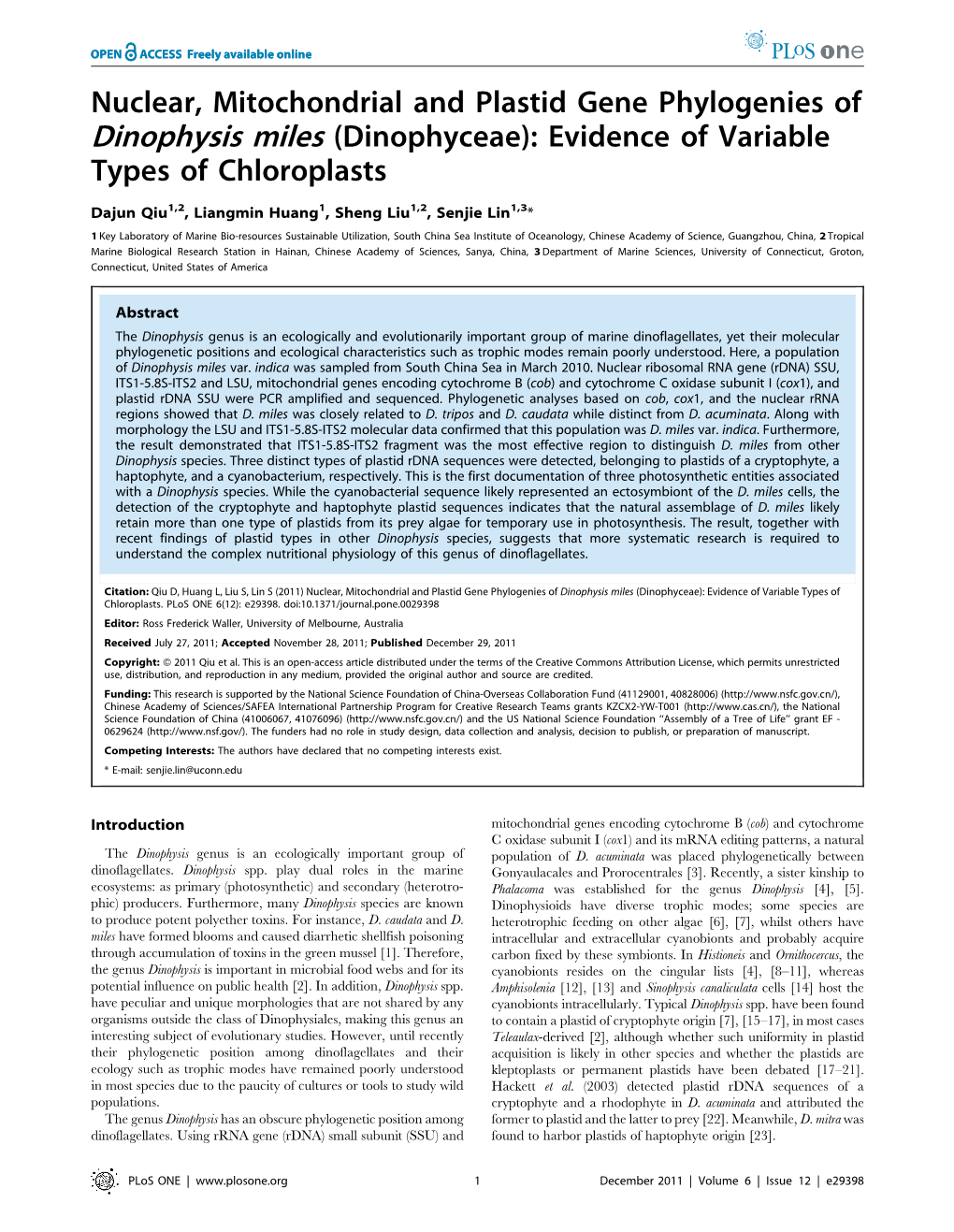 Nuclear, Mitochondrial and Plastid Gene Phylogenies of Dinophysis Miles (Dinophyceae): Evidence of Variable Types of Chloroplasts