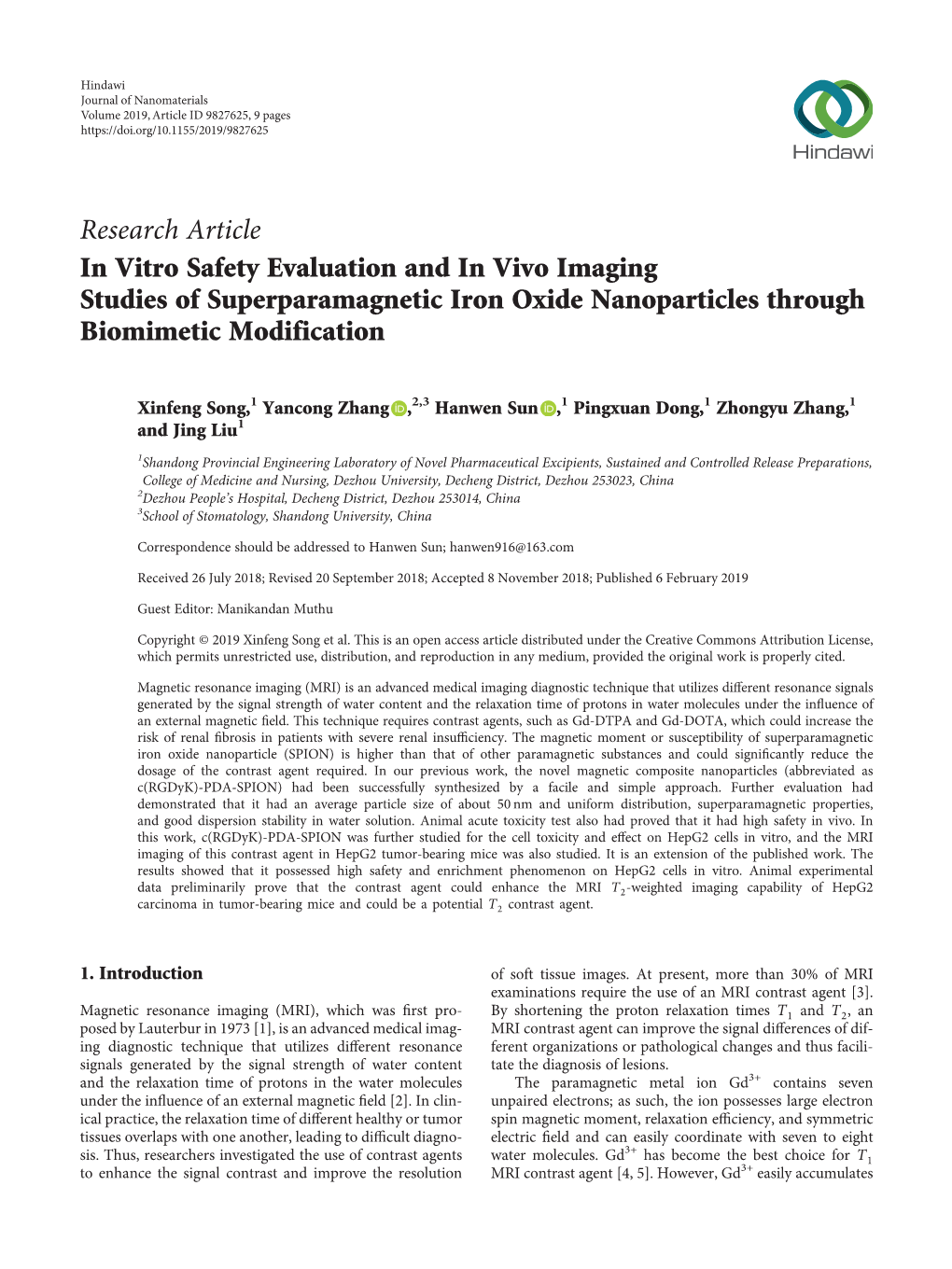 Research Article in Vitro Safety Evaluation and in Vivo Imaging Studies of Superparamagnetic Iron Oxide Nanoparticles Through Biomimetic Modification