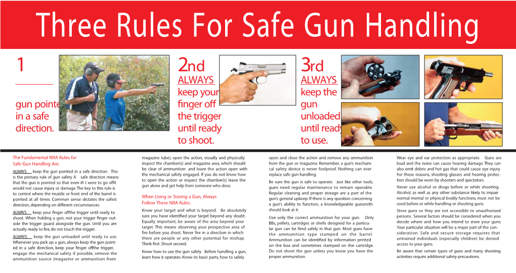 Three Rules for Safe Gun Handling 1 2Nd 3Rd ALWAYS ALWAYS Keep Your Keep the Gun Pointed Nger O Gun Inasafe the Trigger Unloaded Direction