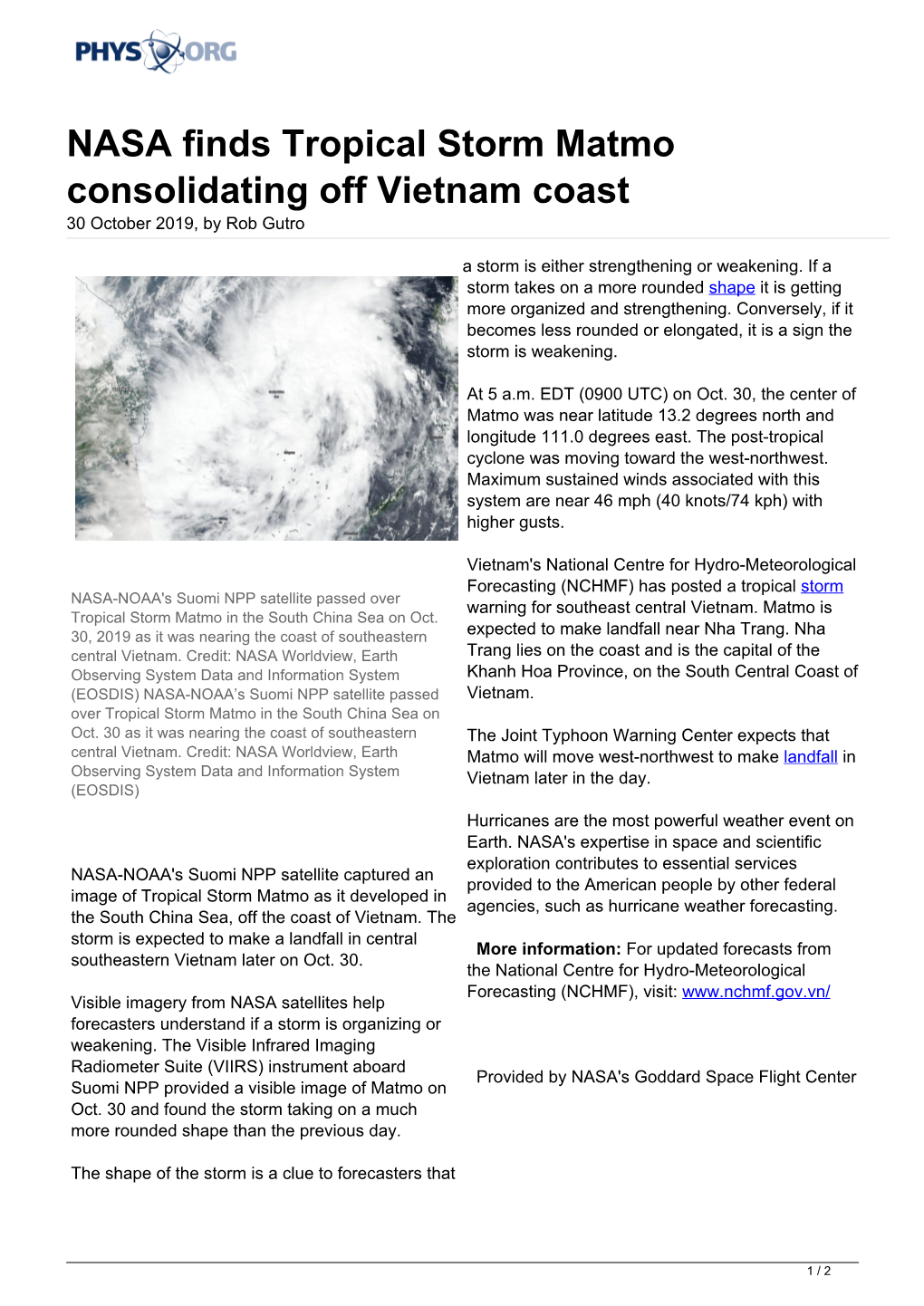 NASA Finds Tropical Storm Matmo Consolidating Off Vietnam Coast 30 October 2019, by Rob Gutro