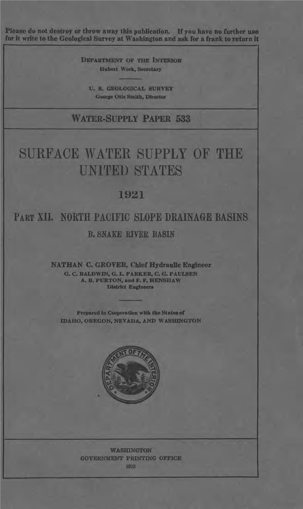 Surface Water Supply of the United States 1921 Part Xii