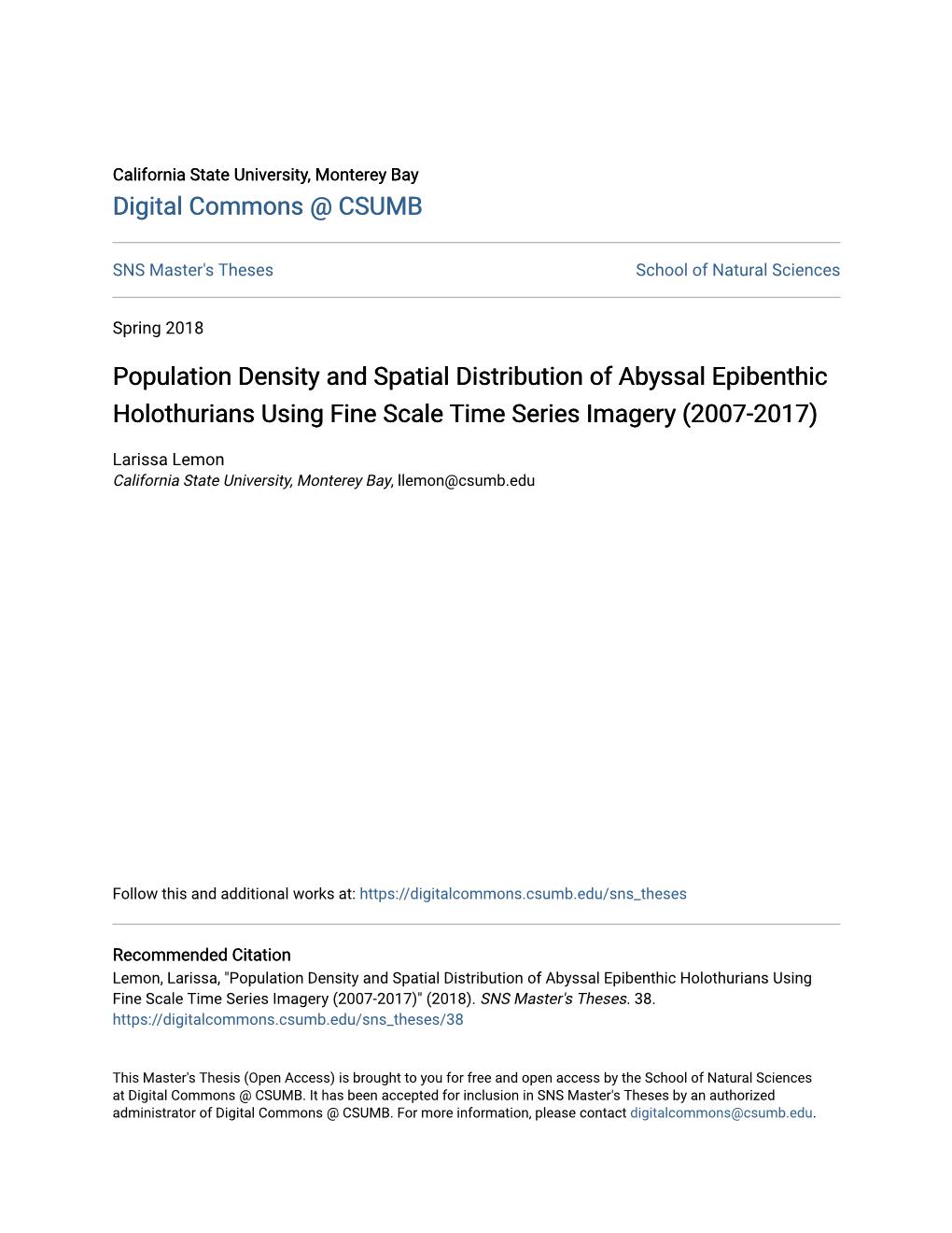 Population Density and Spatial Distribution of Abyssal Epibenthic Holothurians Using Fine Scale Time Series Imagery (2007-2017)