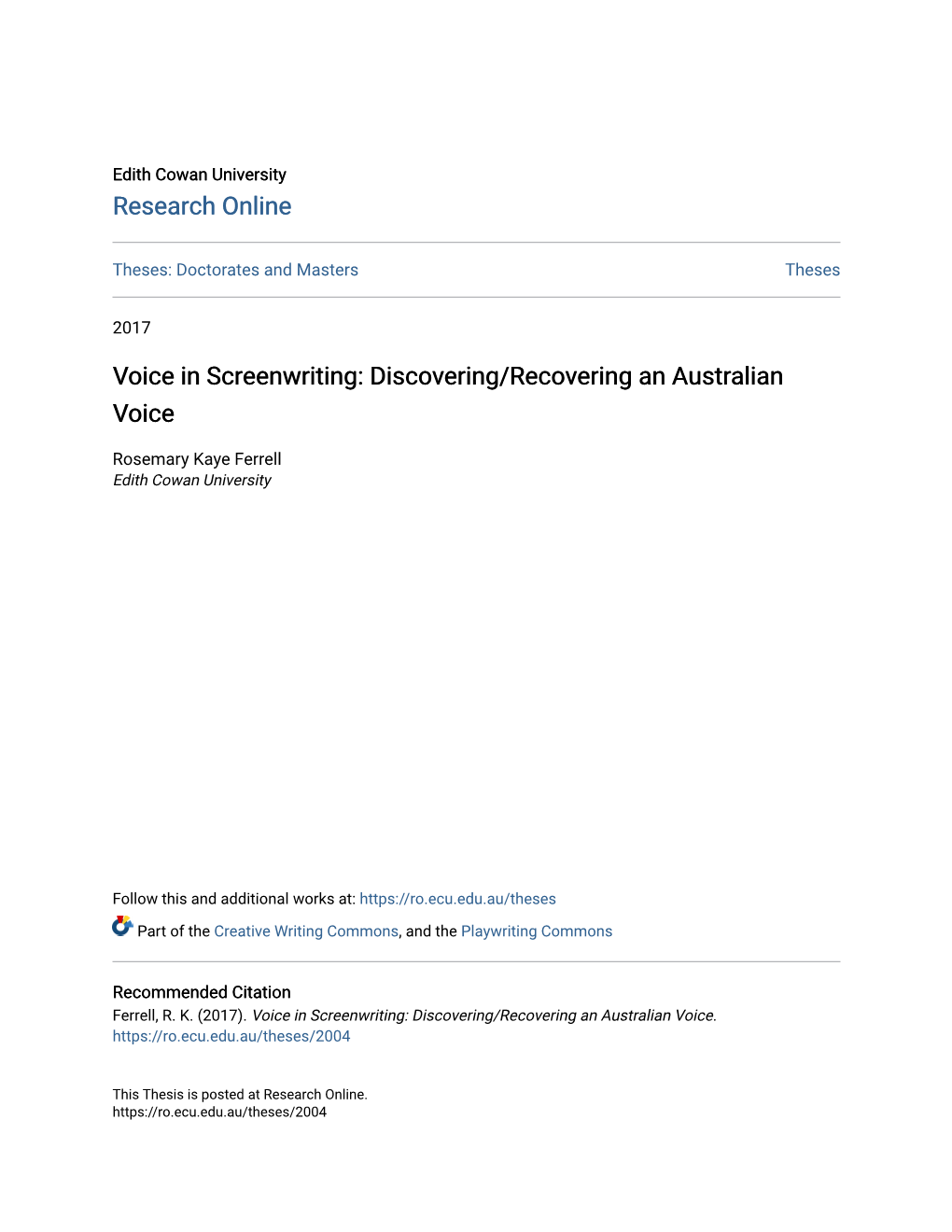 Voice in Screenwriting: Discovering/Recovering an Australian Voice