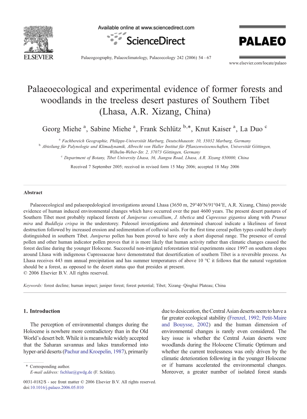 Palaeoecological and Experimental Evidence of Former Forests and Woodlands in the Treeless Desert Pastures of Southern Tibet (Lhasa, A.R