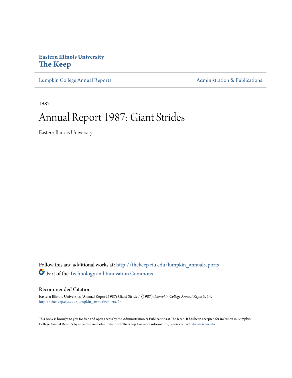 Annual Report 1987: Giant Strides Eastern Illinois University