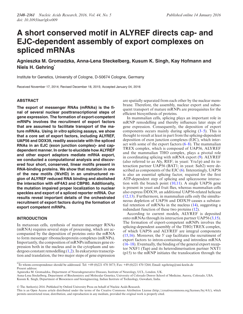 A Short Conserved Motif in ALYREF Directs Cap- and EJC-Dependent Assembly of Export Complexes on Spliced Mrnas Agnieszka M