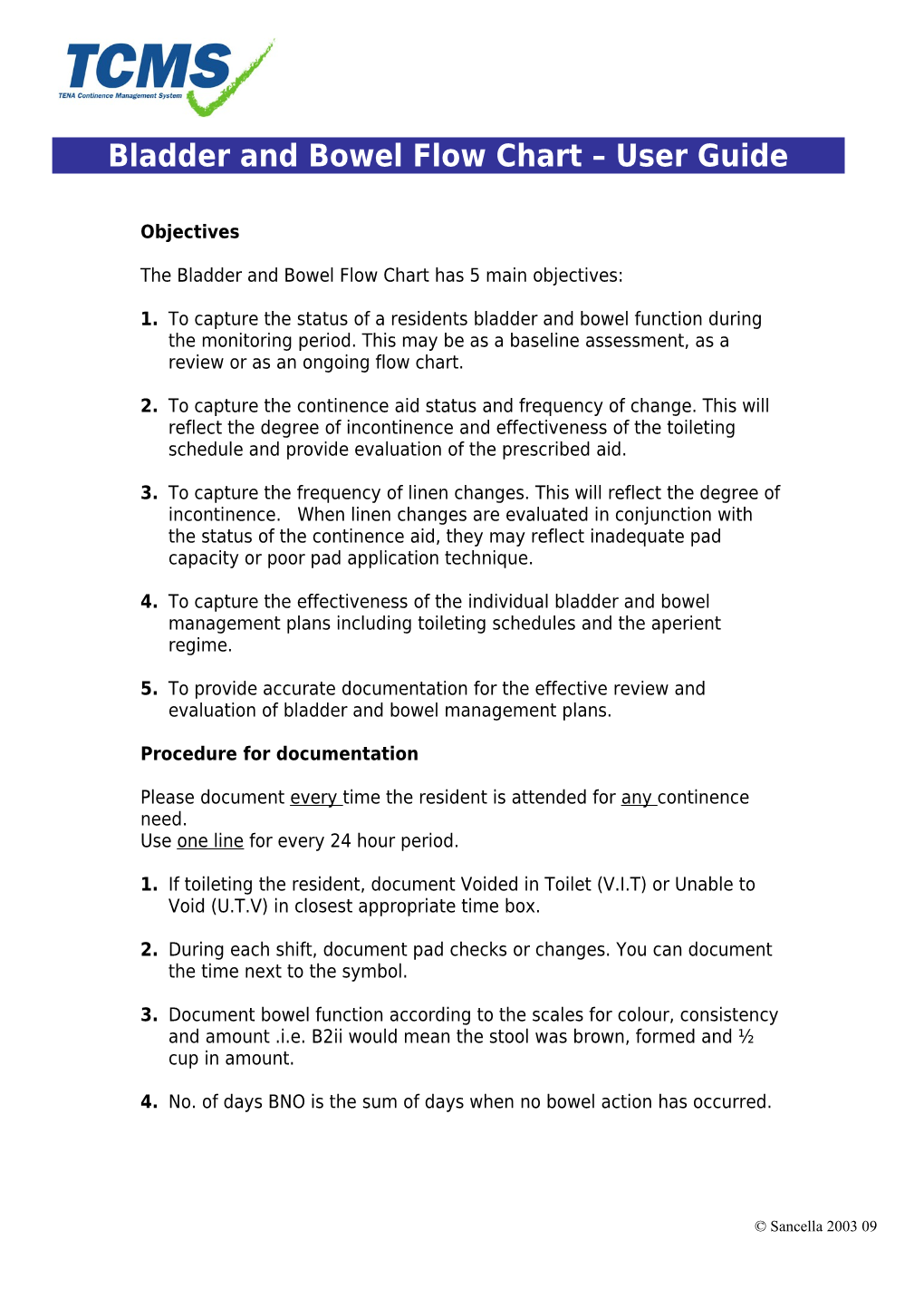 Bladder and Bowel Flow Chart User Guide