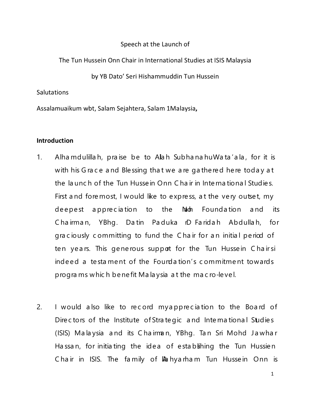 Speech at the Launch of the Tun Hussein Onn Chair in International