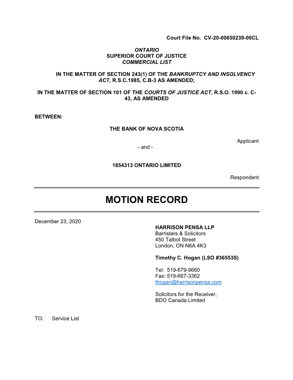 Motion Record of the Receiver Dated Dec 23, 2020