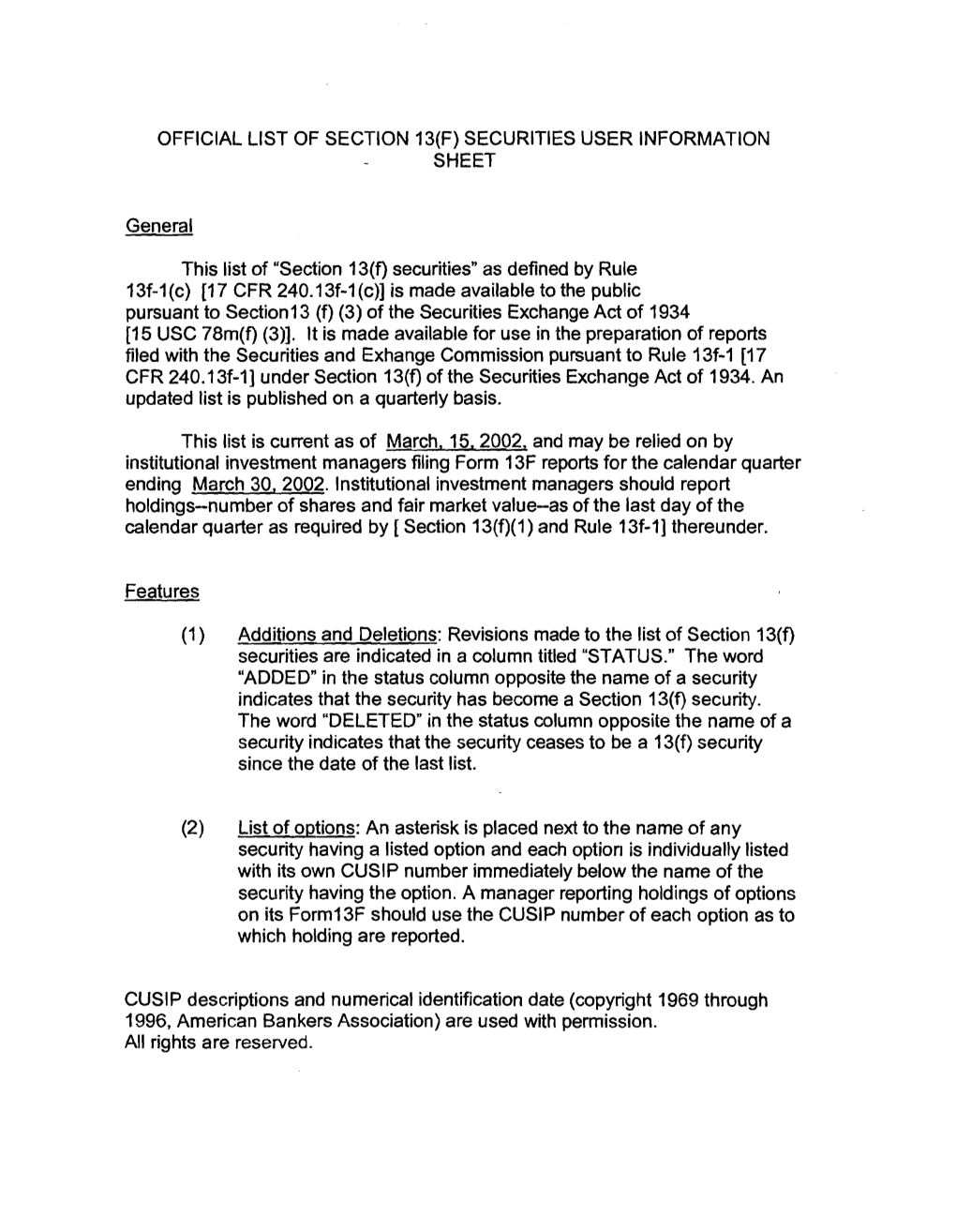 List of Section 13F Securities, First Quarter 2002