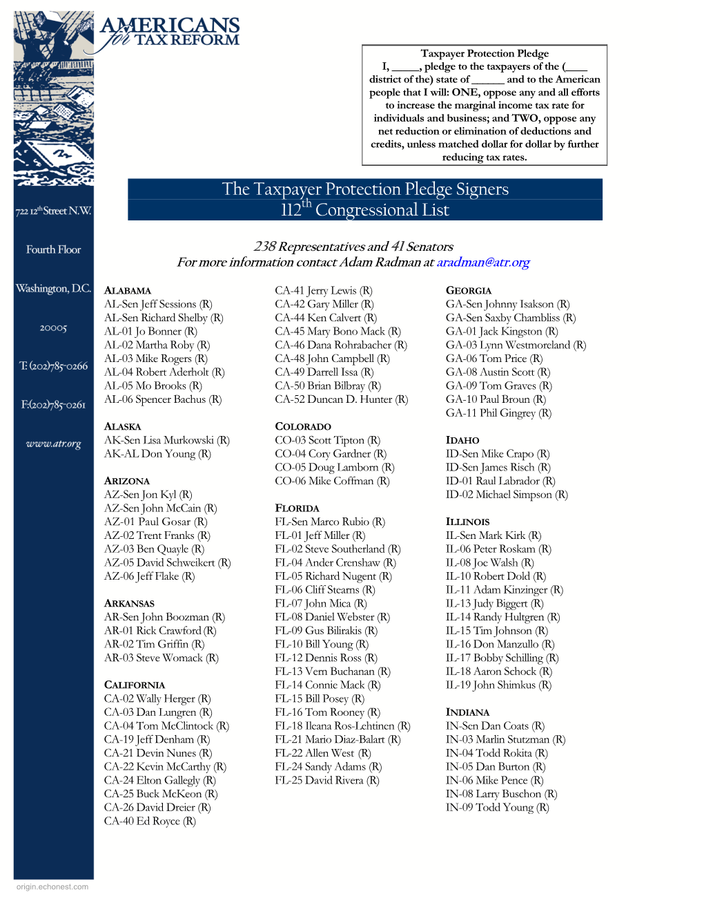 The Taxpayer Protection Pledge Signers 112 Congressional List