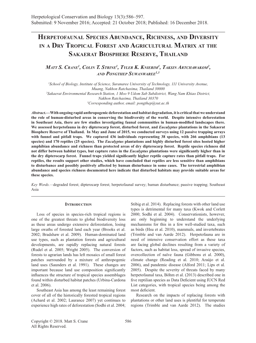 Herpetofaunal Species Abundance, Richness, and Diversity in a Dry Tropical Forest and Agricultural Matrix at the Sakaerat Biosphere Reserve, Thailand